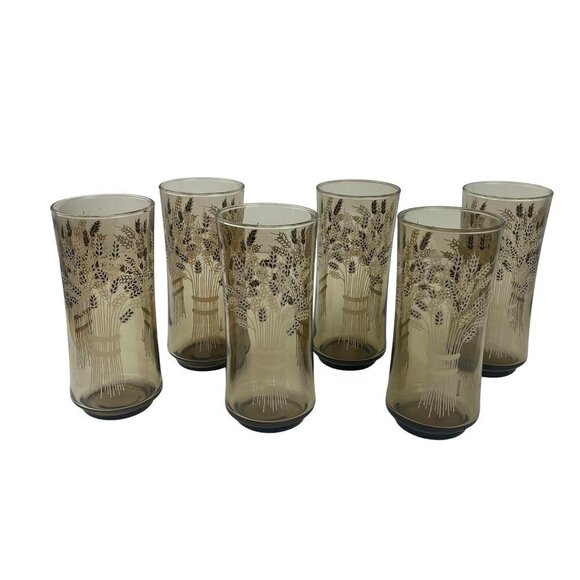 Vintage Libbey Franco Wheat 16 oz. Water Glasses Set 6qty. Smokey Amber Coloring - Picture 1 of 7